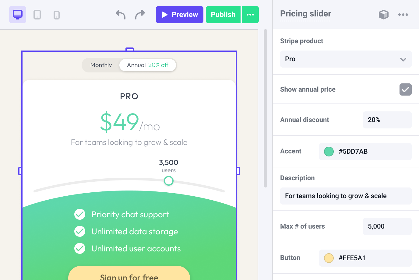 Pricing page component in Makeswift