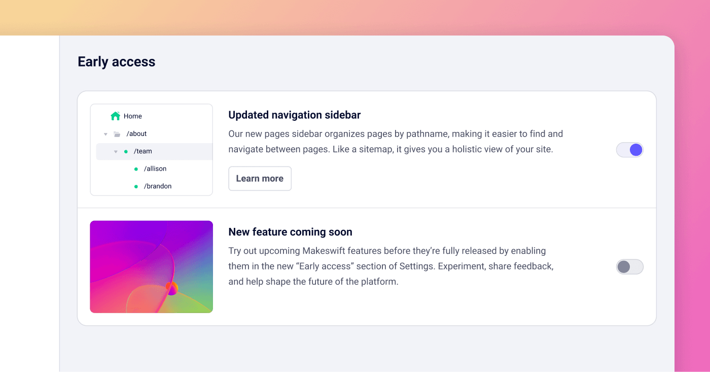 Early access section in Makeswift settings