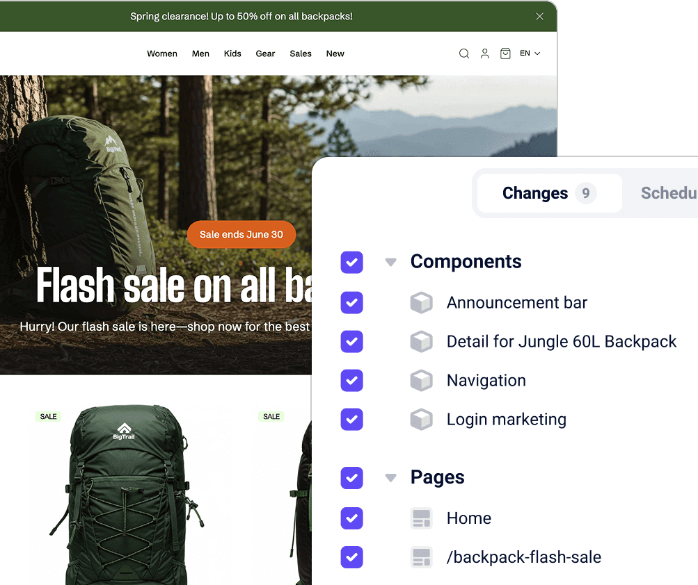 Ecommerce landing page with Makeswift publish dialog on top