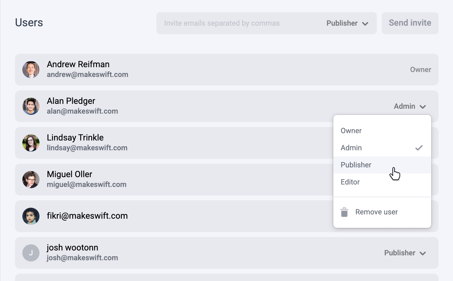 Users UI from Makeswift settings