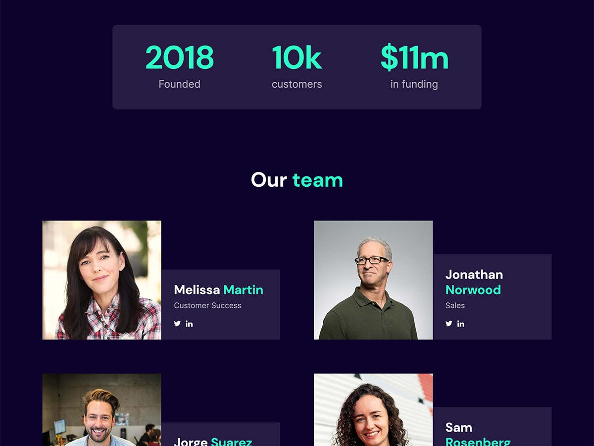 Venture Makeswift startup template comapny stats and team