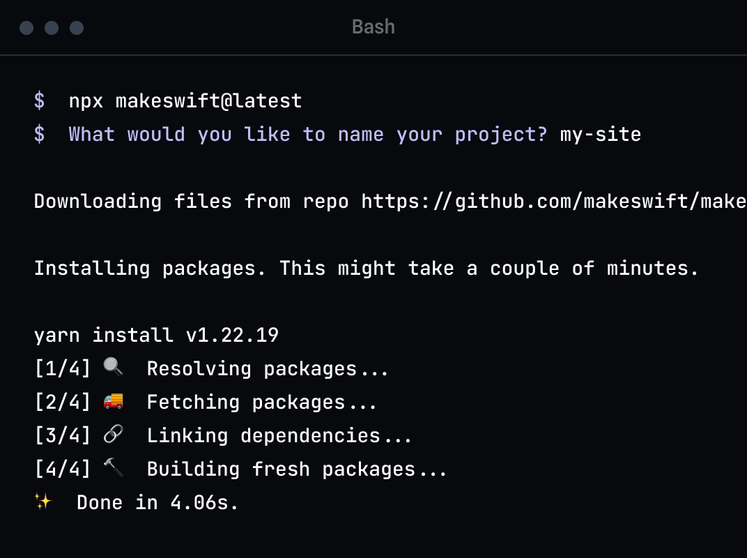 Command line showing Makeswift's CLI
