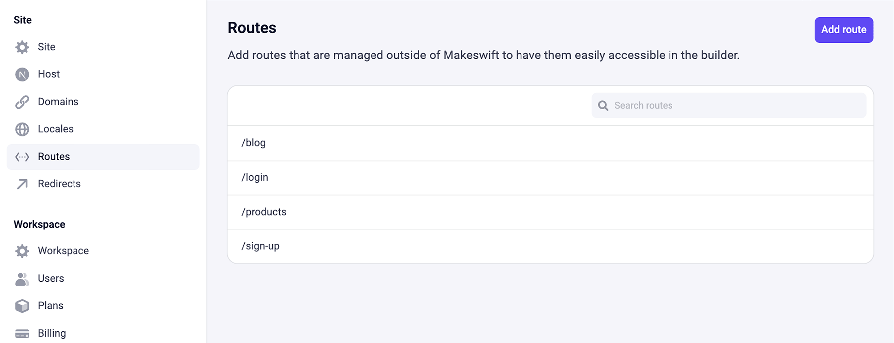Routes settings view in Makeswift
