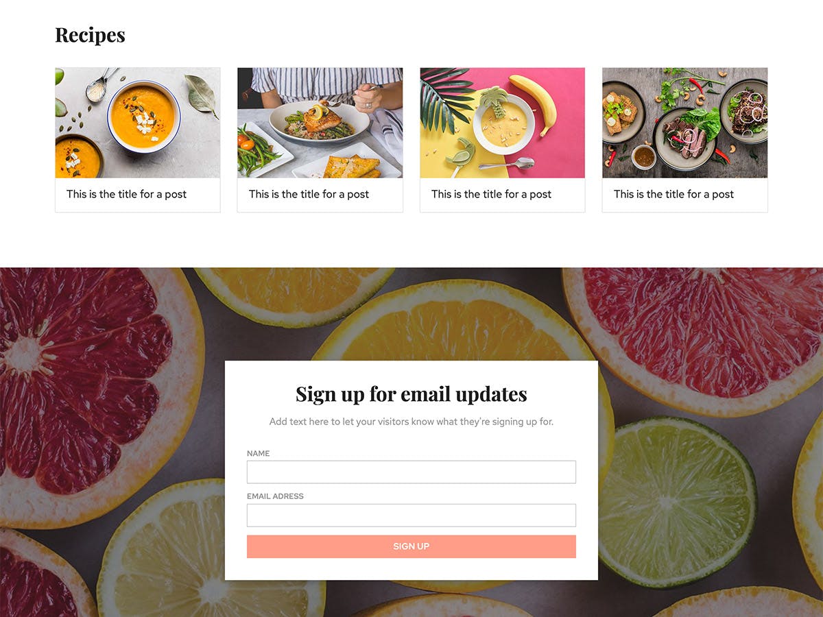 Foodie Makeswift business template recipes and subscribe form