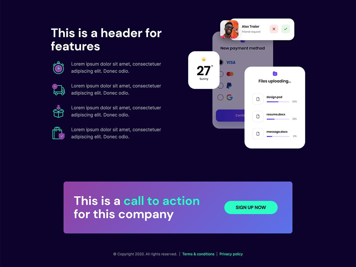 Venture Makeswift startup template features and call to action