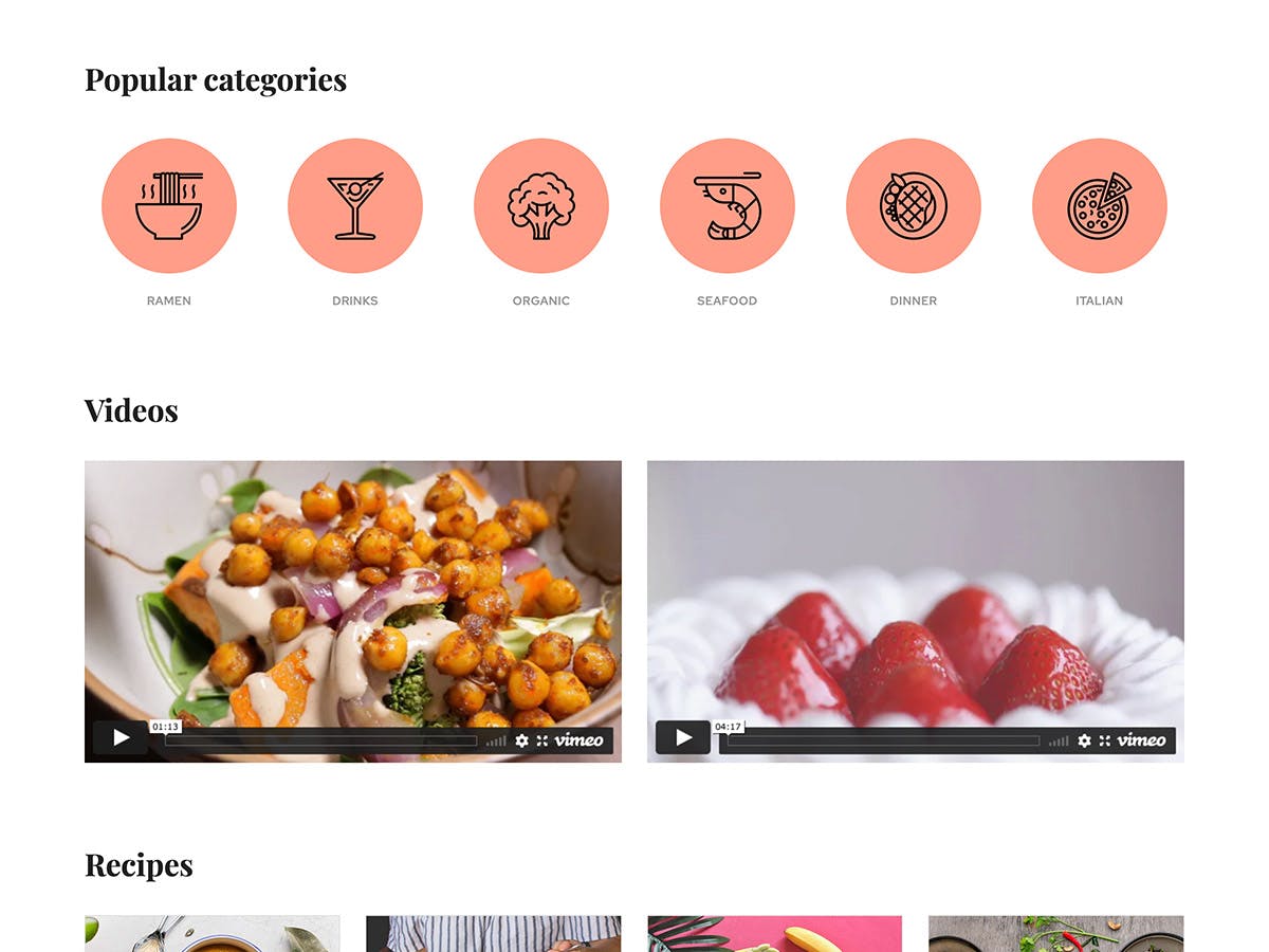 Foodie Makeswift business template categories and videos